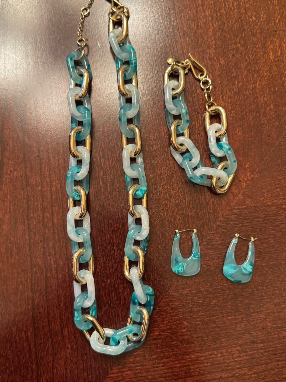 Ann Taylor Aqua Teal Marbled Chunky Chain Necklace Bracelet Earrings Set
